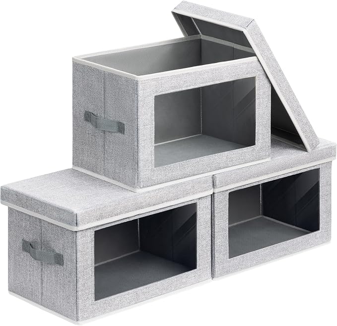 Homsorout Storage Boxes with Lids - 3 Pack Fabric Clear Window Storage Bins, Collapsible Storage Bins with Lids, Linen Closet Organizer for Clothes, Towel, Blanket, Light Grey by Homsorout