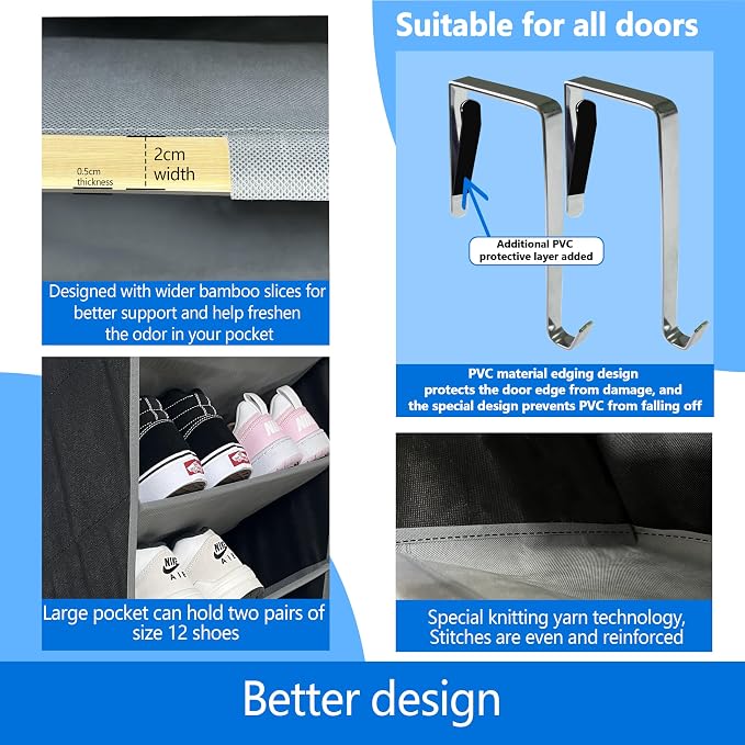 shoe organizer,70 Pounds Large Capacity,20-30-Pair over the door shoe organizer,10 Tiers shoe rack for closet,New upgrade Anti-scratch heavy duty hook and Bamboo material Baffle, Black/Grey - Image 4