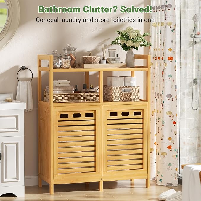 Homykic Tilt Out Laundry Hamper Cabinet, Bamboo Double Laundry Hamper with 2 Removable Laundry Baskets, 20 Gal Laundry Sorter Organizer with Shelf for Dirty Clothes, Bathroom, Laundry Room, Natural - Image 2