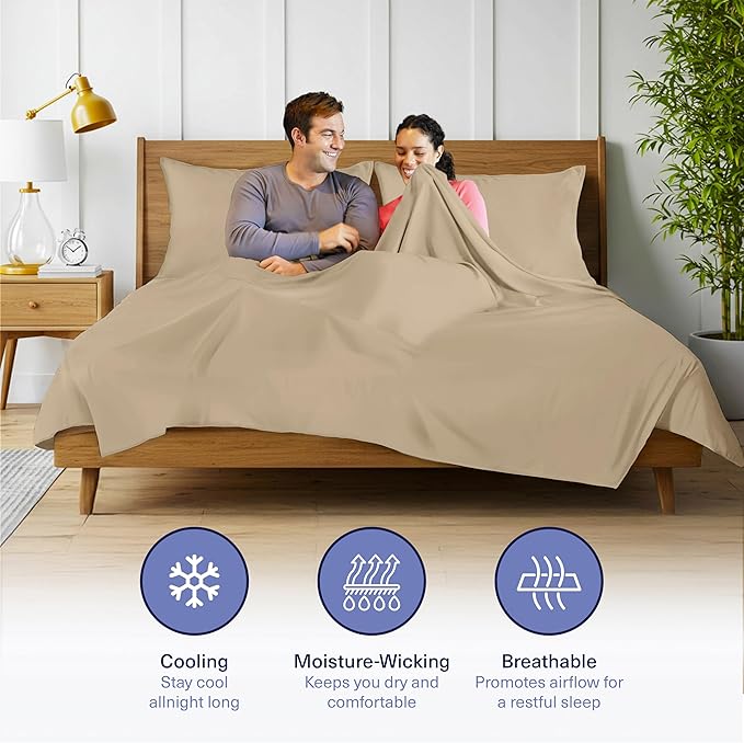Kickoff Viscose Bamboo Sheets Twin Size 3-pc 100% Organic Bamboo Viscose Bed Cooling Sheets Twin Size Set Cool Bedding for hot Sleepers Sheet, Flat, Fitted, Pillowcase (Sand, T)