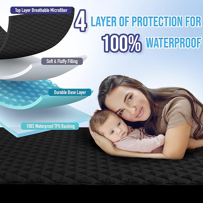 HYLEORY King Size Waterproof Mattress Pad Protector, Breathable Quilted Mattress Cover Noiseless Waterproof Fitted Sheet Mattress Topper Upto 21" Deep Pocket, Black