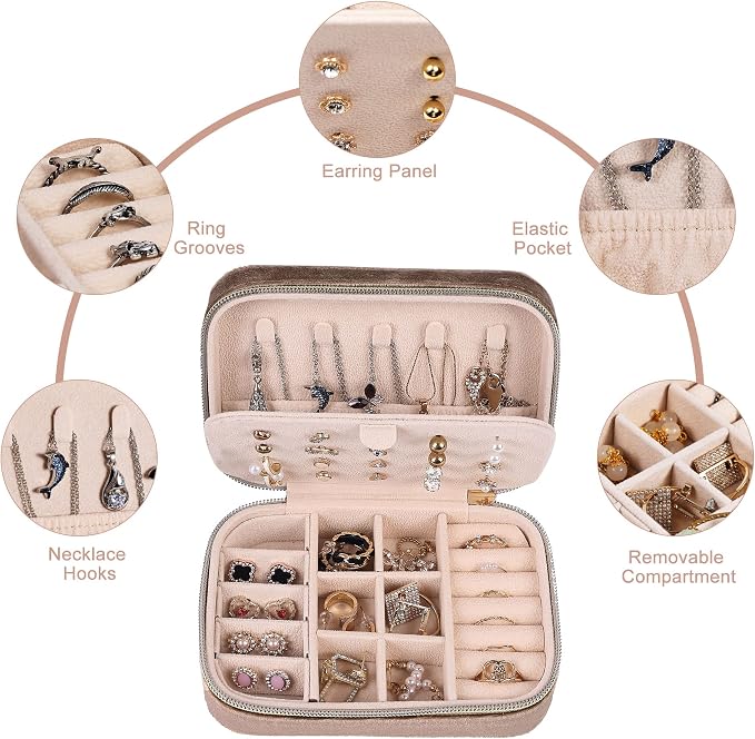 Dajasan Velvet Travel Jewelry Case, Mini Portable Travel Jewelry Organizer Boxes, Jewelry Gift Box for Birthday Mother's Day Valentine's Day Christmas (Khaki) - Image 3