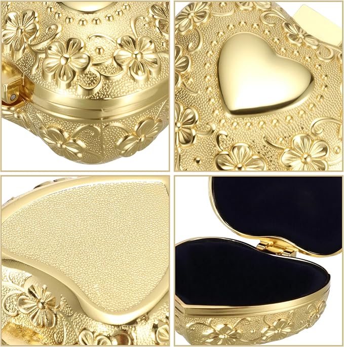 Hipiwe Vintage Jewelry Box Heart Shape Trinket Chest Metal Gold Treasure Storage Case for Rings Earrings Necklace Keepsake Organizer Gift for Woman - Image 8
