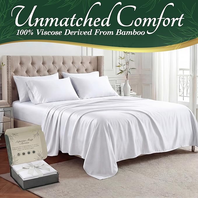 DECOLURE 100% Viscose Derived from Bamboo Sheets Full Size - Luxury 6 Pc Naturally Cooling Sheets, Ultra Soft Bed Set - Deep 17" Pockets, Durable Double Stitching, Oeko Tex Standard (White)