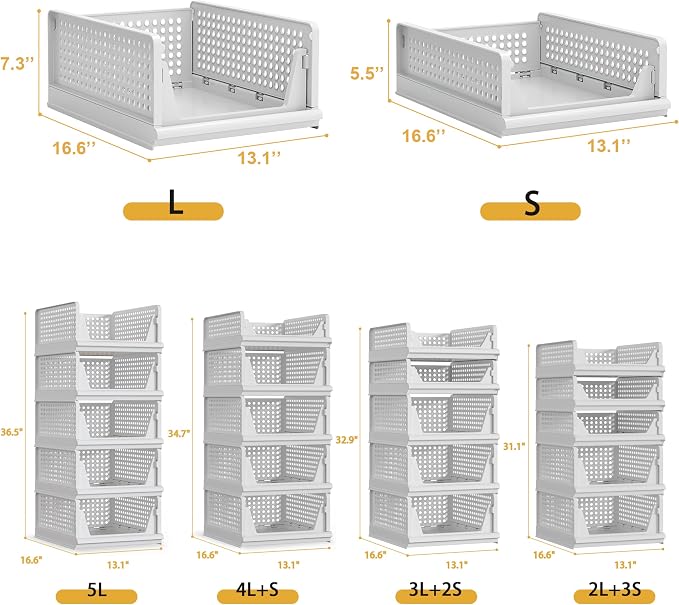 Proarea 5 Pack Stackable Plastic Storage Basket Closet Organizer Bin Foldable Clothes Organizer Storage Drawer Shelf Container for Living room Bathroom Kitchen Office (4L+1S) - Image 3