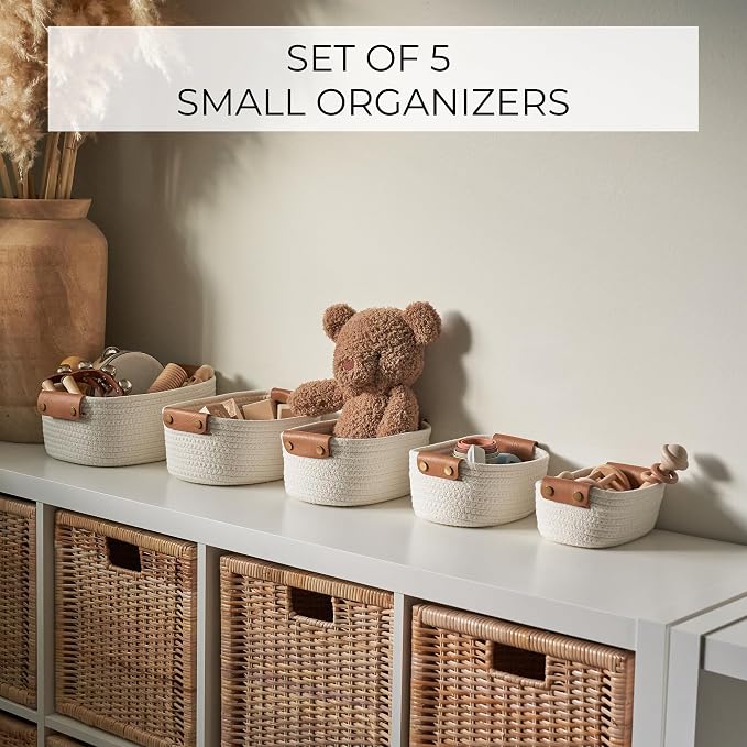 Beautiful Storage Basket Set of 5 - Sturdy Cotton Rope Baskets for Shelves Are Perfect for Organizing Your Home - Quality Storage Bins Easily Fit With Any Nursery or Bedroom Decor - Image 3