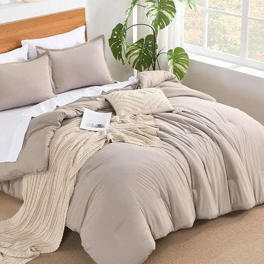 Andency Super King Plus Comforter Set - 7 Pieces Bed in a Bag Oversize Bedding Comforter Sets Oatmeal, Winter Solid Soft Lightweight Comforter with Fitted Sheets, Flat Sheets, Pillowcases & Shams