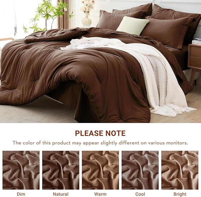 MUXHOMO 5 Pieces Twin Comforter Set, Soft Bed in a Bag Twin Size, All Season Bedding Set with Comforter, Flat Sheet, Fitted Sheet, Pillowcases & Shams, Brown