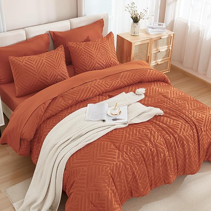 Andency King Size Comforter Set Burnt Orange - 7 Pieces Bed in a Bag King Boho Terracotta Bedding Comforter Sets, Rust Tufted Bed Set with Comforter, Sheets, Pillowcases & Shams