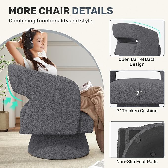 Nebuaegis Swivel Accent Chair Set of 4, Modern Comfy Teddy Barrel Chairs, Oversized Upholstered Round Arm Chair for Living Room, Bedroom, Reading Room, Dark Grey