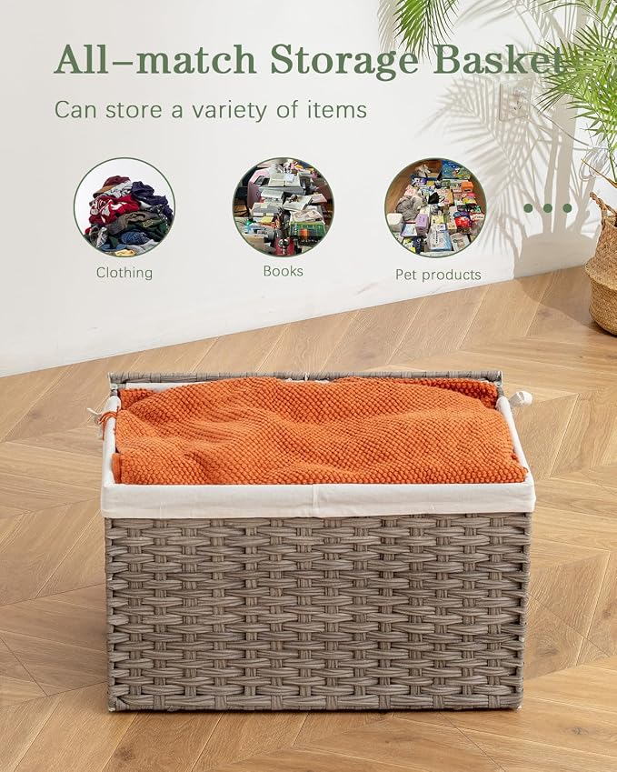 SETVSON Storage Basket with Lid, PE Rattan Woven Storage Baskets with 2 Separate Lids, 17.2 Gallon (65 L), 22.2 x 13 x 13.8 Inches, 2 Removable Liner Bags Handles for Bedroom, Laundry Room Gray - Image 5