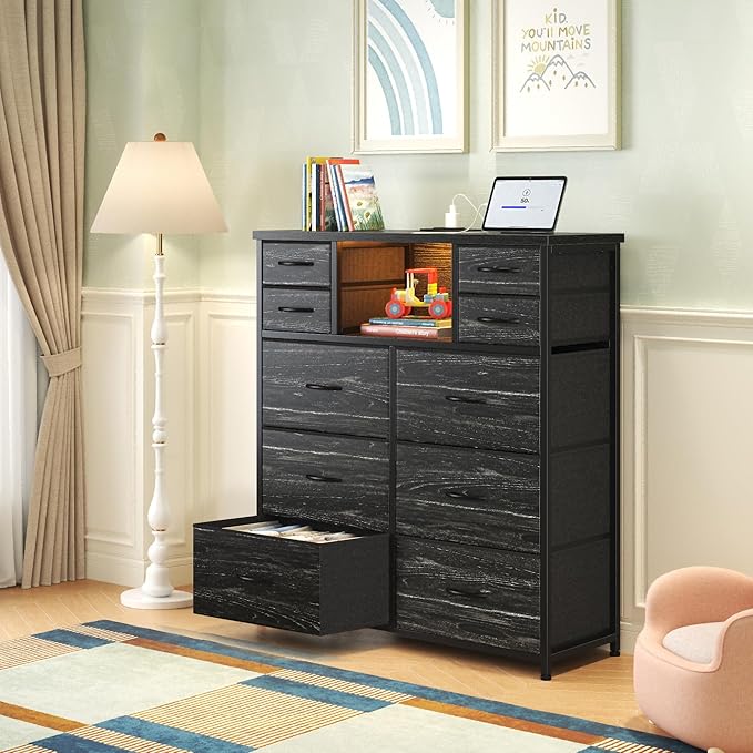 Romorgniz Dresser for Bedroom with 10 Drawers Featuring LED Light and Power Outlet, Fabric Dressers & Chest of Drawers with Open Shelves for Hallway, Living Room, Metal Frame,Wood Top,Grain Black