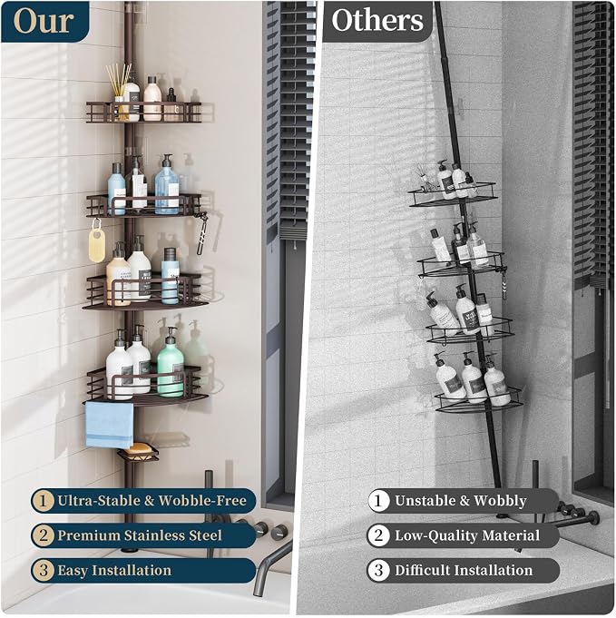Consumest Corner Shower Caddy Tension Pole - Rustproof Shower Shelves with Towel Bar & Soap Holder, Adjustable Bath Organizer for Bathroom Storage, 27.6-108.3 inch, Bronze - Image 2