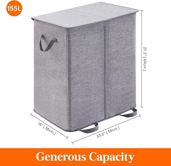 Lifewit Double Laundry Hamper with Lid and Removable Laundry Bags, Large Collapsible 2 Dividers Dirty Clothes Basket with Handles for Bedroom Laundry Room Closet Bathroom College, 155L Grey - Image 5