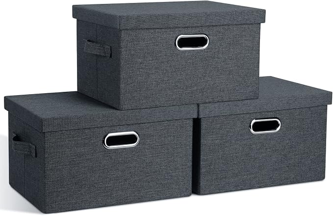 Graciadeco Medium 15" 21 Quart Collapsible Stackable Storage Bins with Lids, 3 Packs Dark Grey Foldable Fabric Closet Boxes Heavy-duty Linen Cube Baskets Container for Bedroom Office (15 x 11 x 8) by GraciadecoStorage