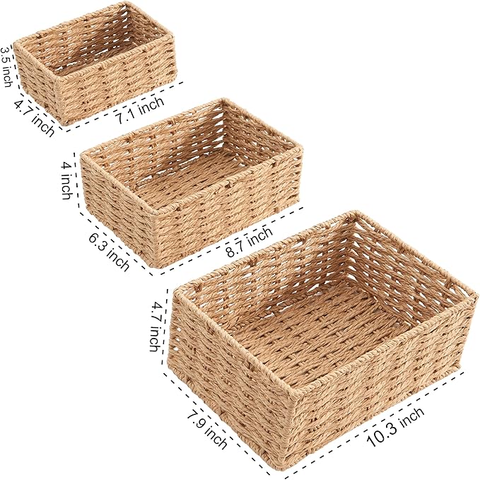 Small Wicker Basket for Organizing, Woven Storage Basket Set of 3 - Handwoven Natural Paper Rope Baskets to Declutter Any Room, Perfect for Organizing and Home Decor - Image 6
