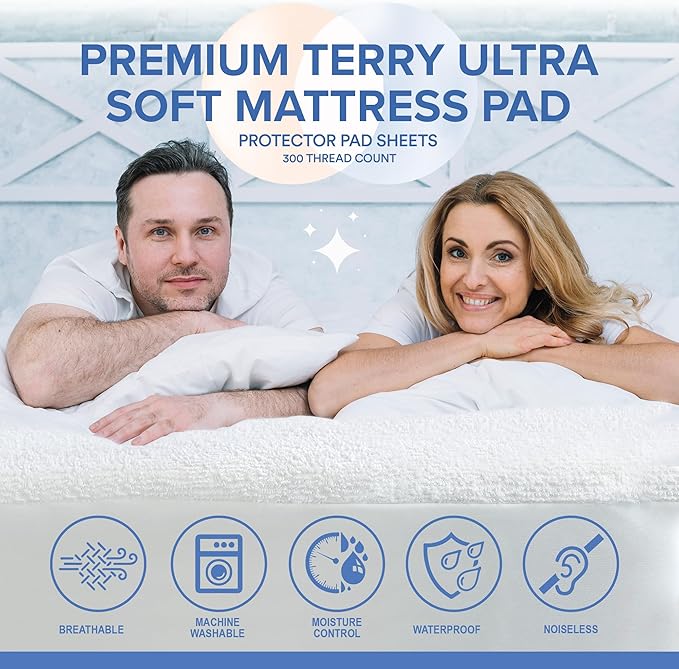 Continental Bedding Terry Cloth Mattress Pad Protector Plush Comfort and Waterproof Protection