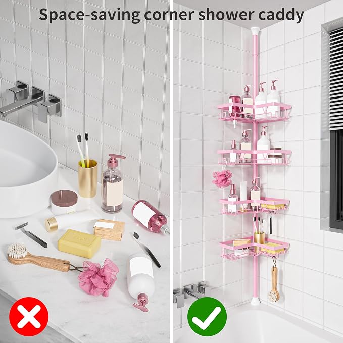 KEGII Shower Caddy Tension Pole, 4-Tier Rustproof Adjustable Corner Bathroom Organizer for Renters, 25–114.2 Inch No Drill Space-Saving Shower Storage Rack, Pink - Image 7