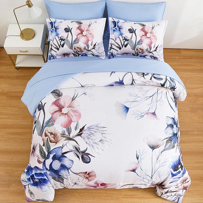 Luxudecor Floral Comforter Set Twin Size 5 Piece, Blue Flower Bed in a Bag, Elegant Floral Comforter with Sheet Set, Soft Microfiber Bedding Set for All Season (Blue, 68"x86")