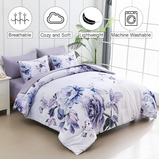 Drucon Purple Floral Comforter Set Queen, 7 Pieces Bed in a Bag Botanical Floral Comforter Soft Microfiber Purple Bedding Set Queen Size Bed with Sheet and Pillowcase