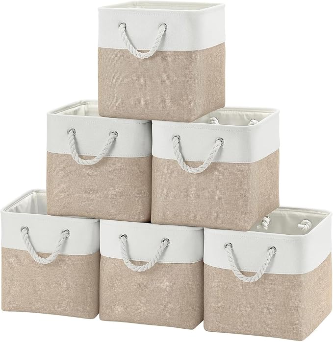 Cube Storage Bins, Collapsible Fabric Storage Cubes Bins, 11 Inch Cube Storage Bins with Handles, Foldable Storage Cubes (White/Beige, 6Pack) by BOFUGA