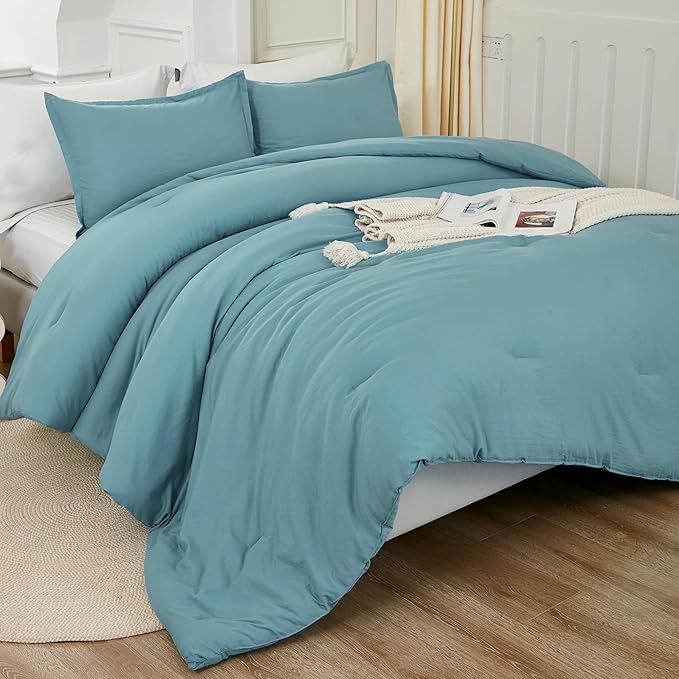 Litanika Grayish Teal Comforter Queen Size, 3 Pieces Lightweight Solid Bedding Set, All Season Fluffy Bed Set (90x90In Comforter & 2 Pillowcases)