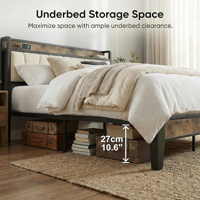 LIKIMIO Full Size Bed Frame, Storage Headboard with Charging Station, Solid and Stable, Noise Free, No Box Spring Needed, Easy Assembly (Walnut and Beige)