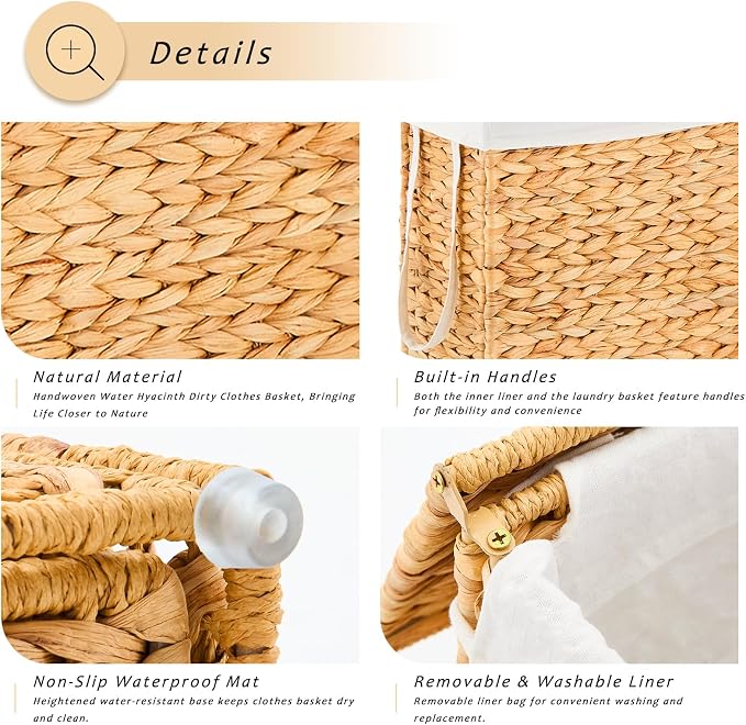 Handwoven Slim Laundry Hamper, 55L Narrow Laundry Basket, Natural Water Hyacinth Basket and Handles and Removable Liner Bag & 2 Mesh Bags (Natural, 55L) - Image 6