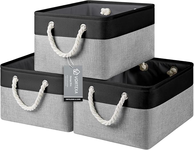 Large Storage Baskets- 15.7x11.8x8.26 inch Storage Bins for Shelves and Closet Organizing, Foldable Fabric Bin for Home Organization Clothes and Laundry (3-Pack, Black&Gray) by VQRTEXAStorageBasket