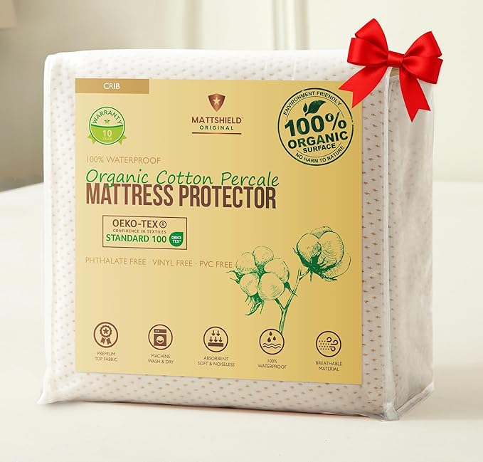 Deluxe Organic Cotton Percale Crib Mattress Protector Waterproof – OCS Certified - Premium 280 GSM Breathable Soft Baby Mattress Pad Cover, Fitted Standard 52 x 28