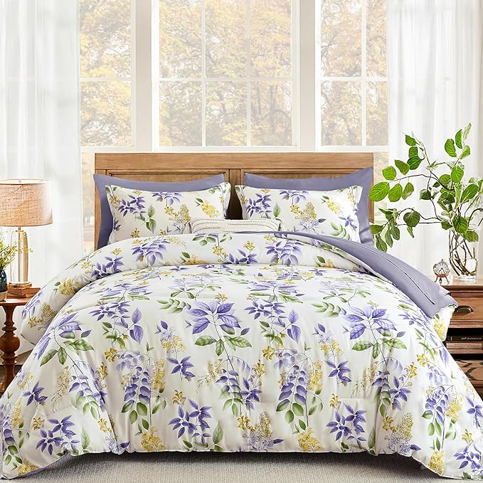 Cottolester Queen Comforter Set- 7 Pieces Floral Comforter Bed in A Bag,Purple Green Botanical Comforter Set with Pillowcases,Soft Microfiber Complete Bedding Sets for All Season