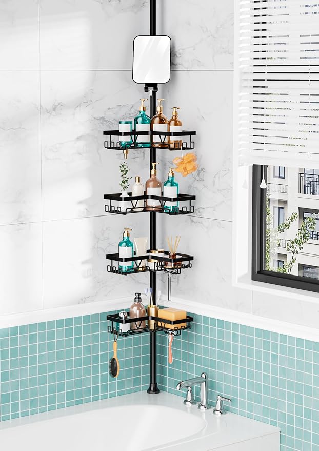 KEGII Shower Caddy Tension Pole - Adjustable Rustproof Corner Bathroom Organizer with Fogless Shower Mirror, 25–114.2 Inch No-Drill Bathroom Storage, Black - Image 8