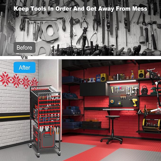 JUNNUJ Large Power Tool Organizer Cart with Charging Station, Garage Floor Standing Rolling Drill and Tools Battery Storage Cart on Wheels, Heavy Duty Utility Rack Shelf with 8 Outlet Power Strip, Red - Image 7