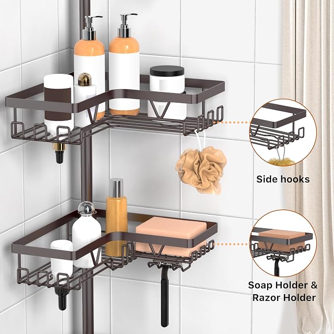 KEGII 4-Tier Corner Shower Caddy Tension Pole - Waterproof Shower Rod Organizer, Floor to Ceiling Tension Rod 25-114.2 inch, Stainless Steel Corner Shower Shelf, Bronze - Image 3