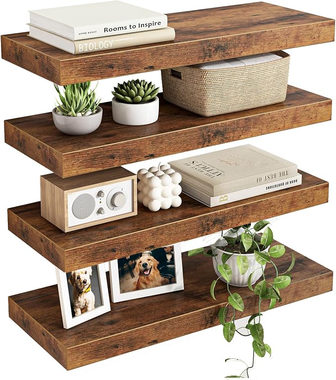 Fixwal Wood Floating Shelves, Wall Shelves Set of 4, Shelves for Wall Decor, with Invisible Brackets for Bathroom, Living Room,Bedroom and Kitchen(Rustic Brown) by Fixwal