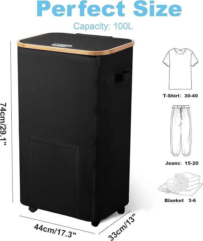 Vincona Laundry Basket with Wheels, Tall Dirty Clothes Hamper on Wheels, Rolling Laundry Hamper with lid for Dorm, Bedroom and Bathroom (Black, 100L) - Image 2