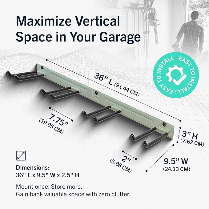StoreYourBoard 36" Garage Tool Organizer Wall Mount | Garden Tool Organizer System | Heavy Duty Garden Tool Storage Rack for Yard Tools Rakes Shovels 250lbs Garage Organization | 4 PVC Coated Hooks - Image 2