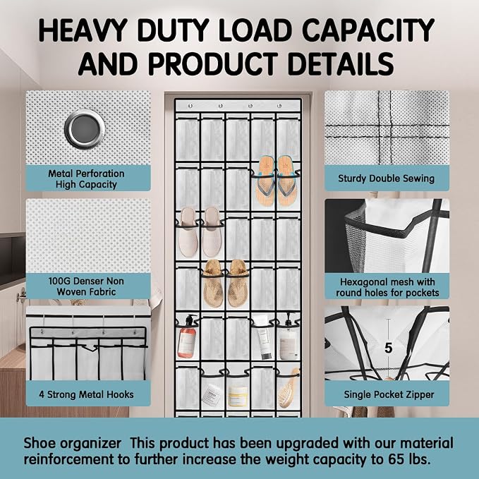 Kotkn 35 Compartment Over The Door Storage - Breathable Mesh Hanging Organizer with Large Pockets, Space Saving Design for Men & Women's Footwear, Closet, Bedroom （White） - Image 2