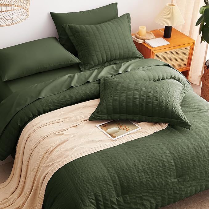 CozyLux Full Size Comforter Sets with Sheets 7 Pieces, Olive Green Seersucker Bed in a Bag Textured Luxury Soft Bedding Sets with Down Alternative Comforter, Sheets, Pillowcases & Shams for All Season