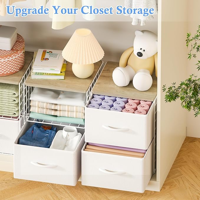 2 Pack Stackable Storage Drawers, Closet Organizers and Storage Shelves with Wooden Top & Adjustable Dividers, White Fabric Closet Drawer Organizer, Modular Storage Bins for Bedroom Wardrobe Apartment - Image 4