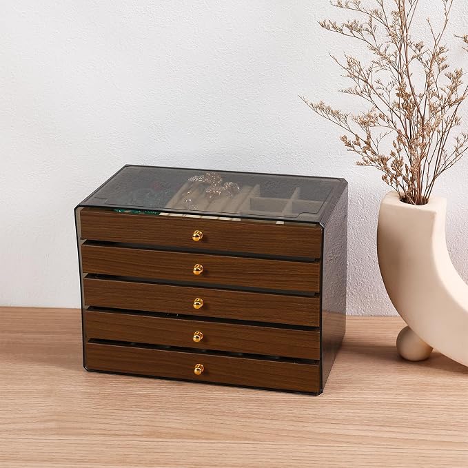 CLUQMEIK 5 Layer Large Wooden Jewelry Box with Acrylic Lid and Wooden Drawers, Stackable Jewelry Organizers and Storage Box for Women and Girls to Storing Rings Earrings Necklaces Bracelets - Image 7