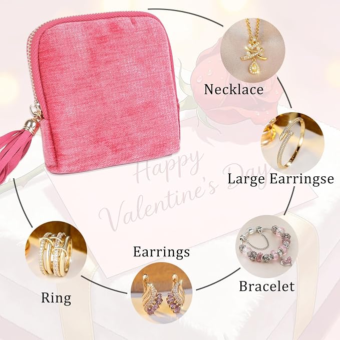 ASINGYER Travel Jewelry Storage Bag for Women, Velvet Portable Jewelry Organizer with Tassel Zipper, Small Pouches for Bracelets Necklaces Rings Earrings, Wedding Gift for Women (hot pink) - Image 4