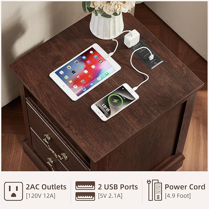 Farmhouse Dressers & Night Stand Set of 3,45" Tall Chest of Drawers, 18" Wide 2 Drawers End Table with Charging Station Set of 2,Furniture Dresser Sets for Home Walnut