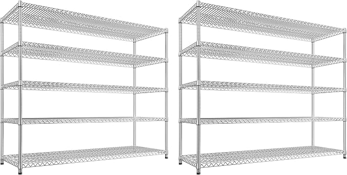 REIBII 55.5" W Storage Shelves 3200LBS Metal Shelving 5 Tier Wire Shelving Garage Shelving Heavy Duty Metal Shelves for Shelving Unit Commercial Adjustable Shelf, 55.5" W X 18''D X 71" H，Chrome,2P by REIBII