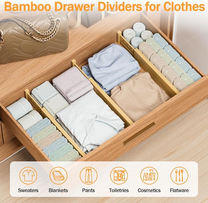 Bamboo Drawer Dividers 4" High, 12.8-18" Adjustable Drawer Organizers for Clothes,Expandable Dresser Separators in Bedroom/Kitchen/Bathroom/Office Organization and Storage,4 Pack - Image 4