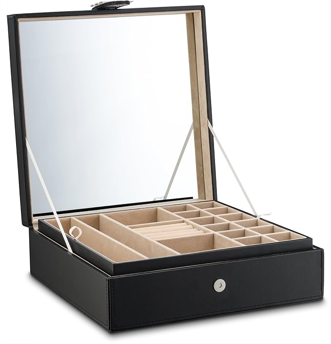 Glenor Co 28 Section Jewelry Box - 2 Layer - Buckle Snap & Magnet Closure - Large Mirror - Pu Leather - Black - Jewelry Organizer for Women & Girls - Holder for Earring Ring Necklace & Bracelet - Image 9