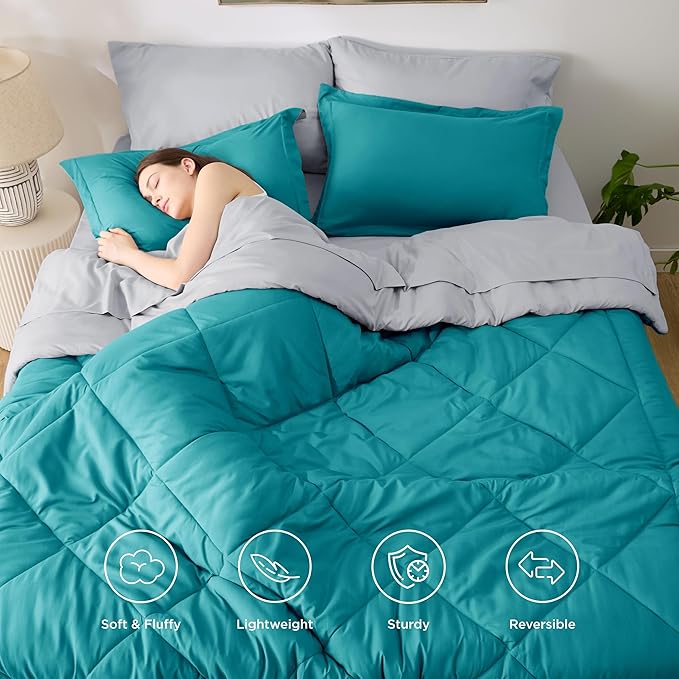 Bedsure Twin Comforter Set - 5 Pieces Reversible Teal Bedding, Twin Size Bed Set for All Seasons, Bed in a Bag with Down Alternative Comforter, Sheets, Pillowcase & Sham