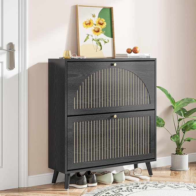 Fsbecl Shoe Storage Cabinet for Entryway with 2 Flip Drawers, Narrow Wood Shoe Cabinet with Fluted Panel, Freestanding Hidden Shoe Organizer for Foyer, Hallway (Black - with Shelf) - Image 7