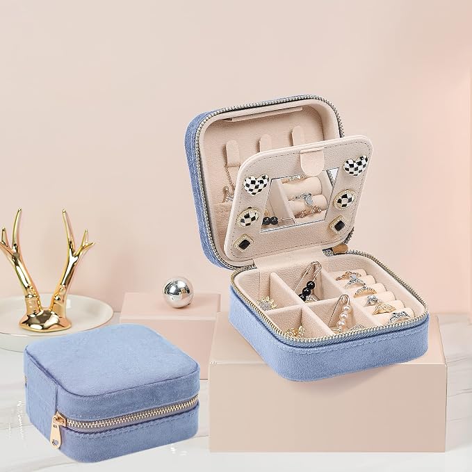 Dajasan Velvet Travel Jewelry Box, Mini Travel Jewelry Case, Small Portable Travel Jewelry Organizer Box with Mirror for Women Girls (blue), 3-layer - Image 2