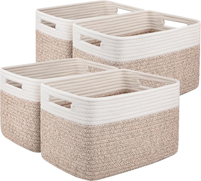 OIAHOMY 4 Pack Storage Baskets for Organizing, Basket for Shelves with Handle, Woven Baskets for Storage Toys, Towels, Books, Cotton Rope Basket 13" L x 9 " W x 7.8 " H, Brown & White by MasterofSpaceOptimization